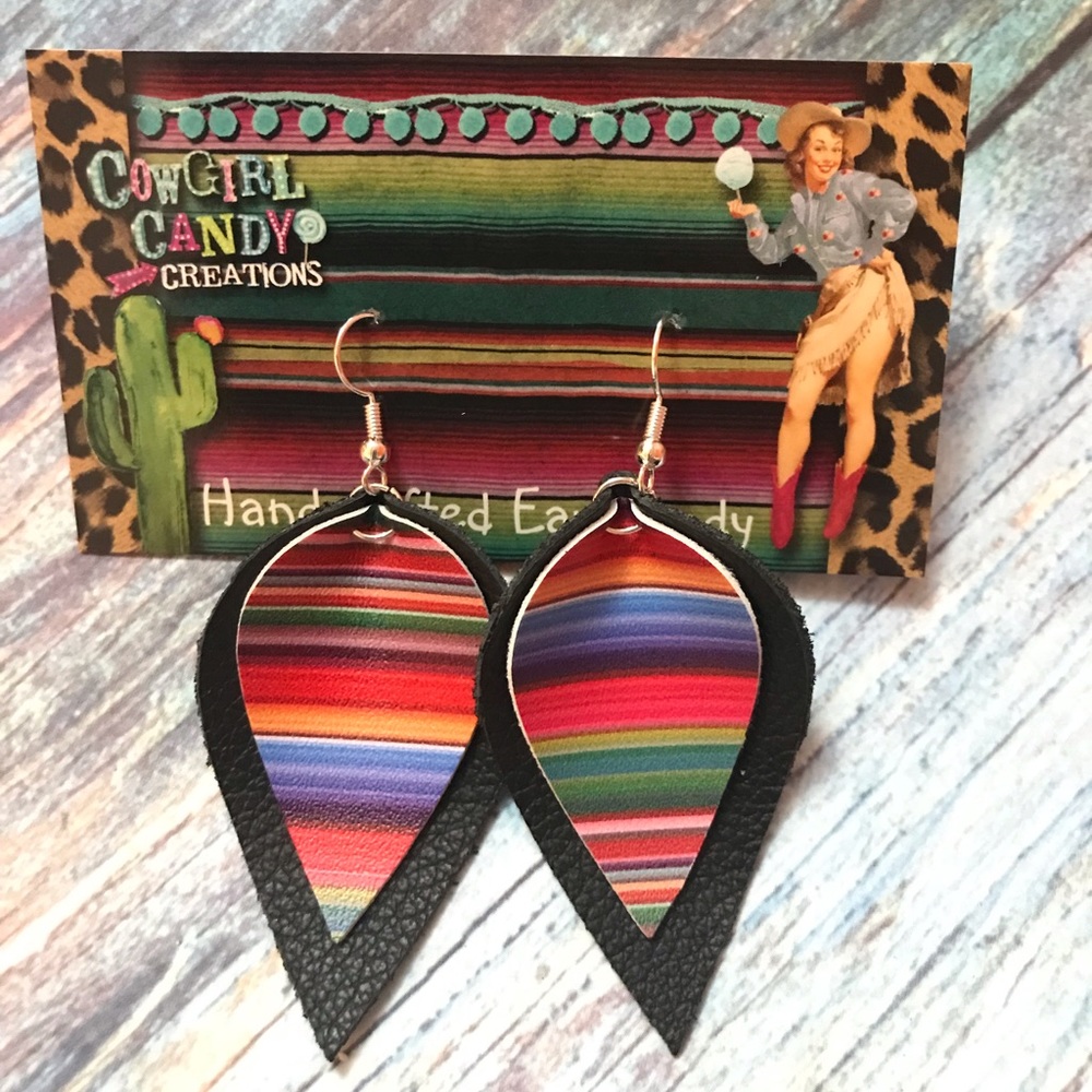 Serape & Black Layered Petal Leather Earrings